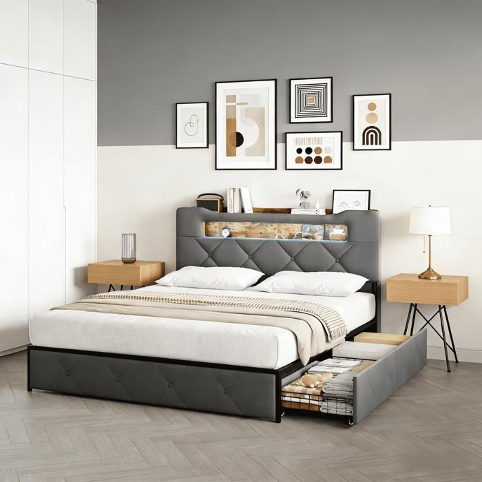 Lit coffre 160x200 cm avec Sommier LED et USB Cadre de lit adulte 160x200 cm avec tête de lit rangement Velours Gris