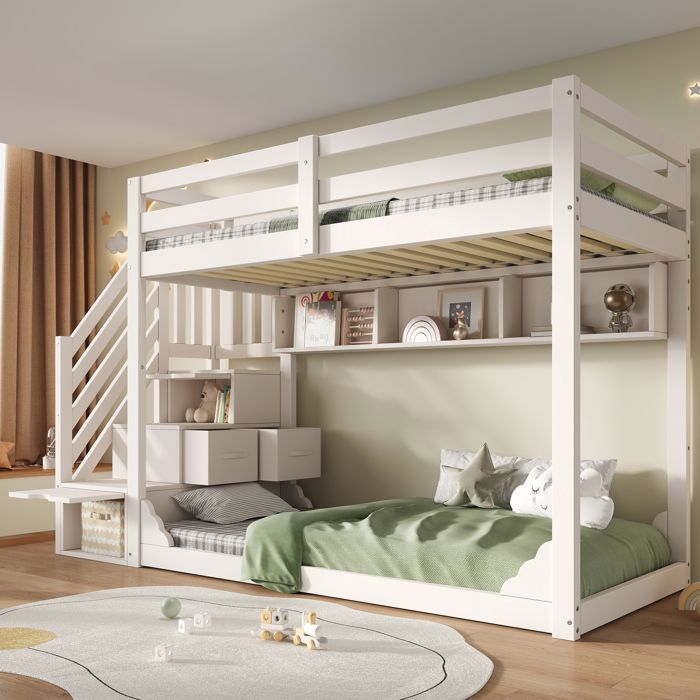 Lit superposé enfant - MERAX - 90x200 cm - Escalier avec rangements - Étagères & tiroirs - Barrières sécurité EN 747 Lit superposé enfant - MERAX - 90x200 cm - Escalier avec rangements - Étagères & tiroirs - Barrières sécurité EN 747
