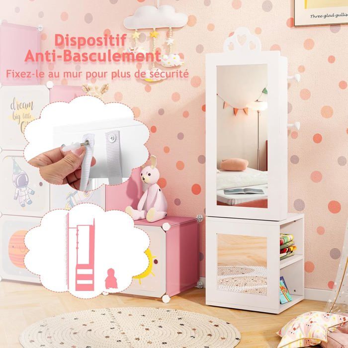 GIANTEX Armoire à Bijoux pour Enfants avec Miroir Pleine Longueur avec Porte-vêtements-Kit Anti-basculement-34x30x117CM Blanc