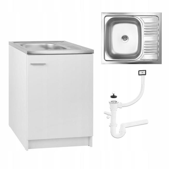 Meuble sous Évier 60 cm Blanc + Évier Deante Inox + Siphon LV - 60x50x82 cm