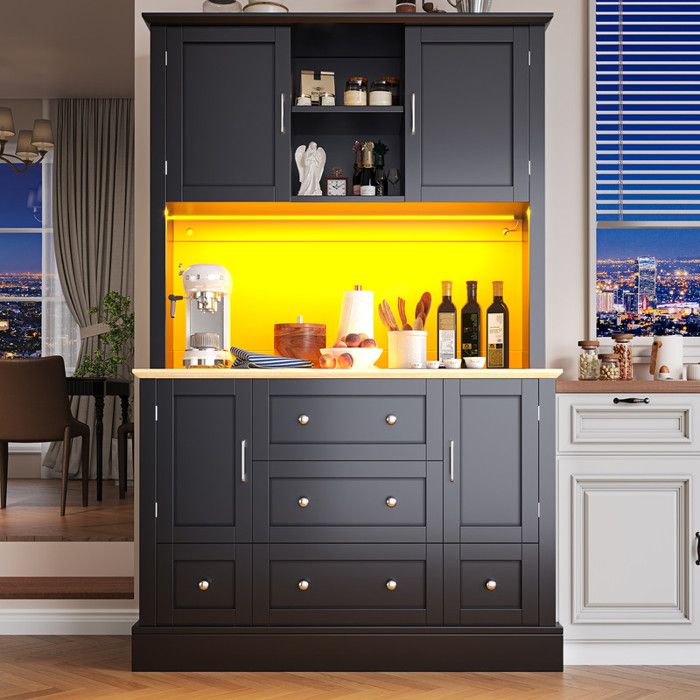Buffet armoire haute noire 115×40×180cm éclairage LED contrôlable par App4 portes + 5 tiroirsdispositif anti-basculement