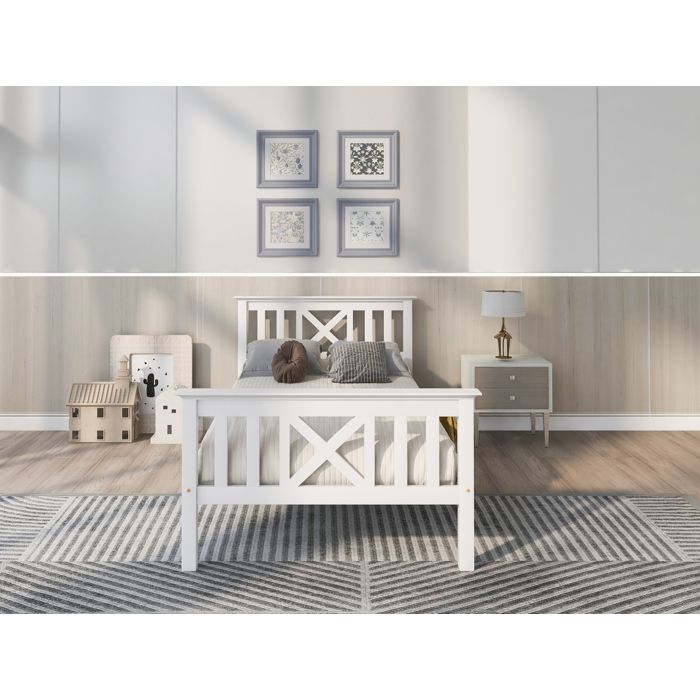 Lit simple blanc 90×200 cm avec sommier inclus tête de lit en X structure bois massif stable