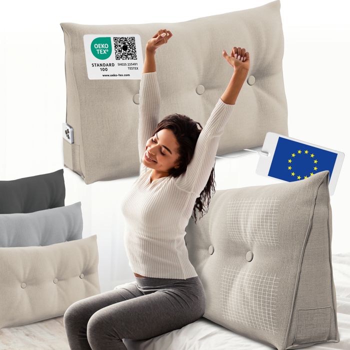 ELONEO coussin dossier lit 100 cm coussin triangulaire de lecture cale-dos avec housse lavable et poche latérale sable