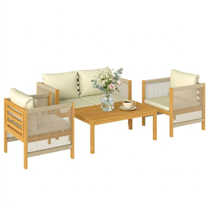 Salon de jardin - ensemble de mobilier - Outsunny - 4 pièces coussins déhoussables et corde tressée - bois dacacia - naturel