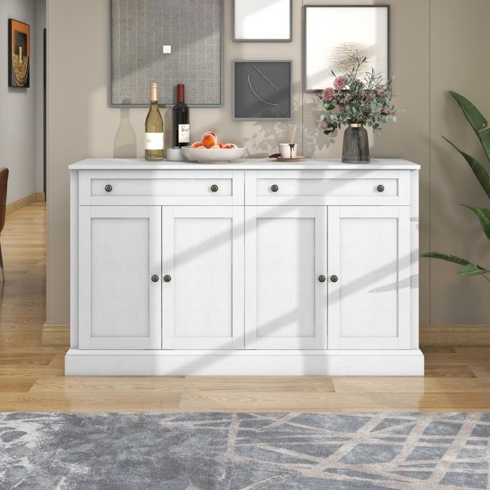 Buffet Bahut Cuisine - 150x40x86 cm - 4 Portes 2 Tiroirs Design Rétro Étagères Réglables - Blanc Antique