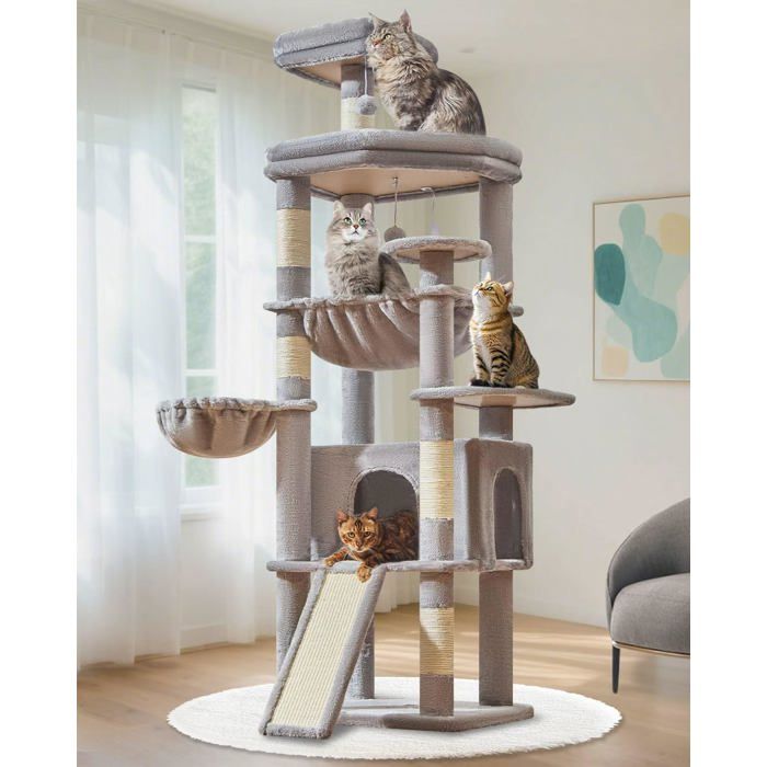 Arbre à chat XXL - JOZSI - 183 cm - Condos spacieux - 5 griffoirs - Plateformes extra-larges - Hamac en métal