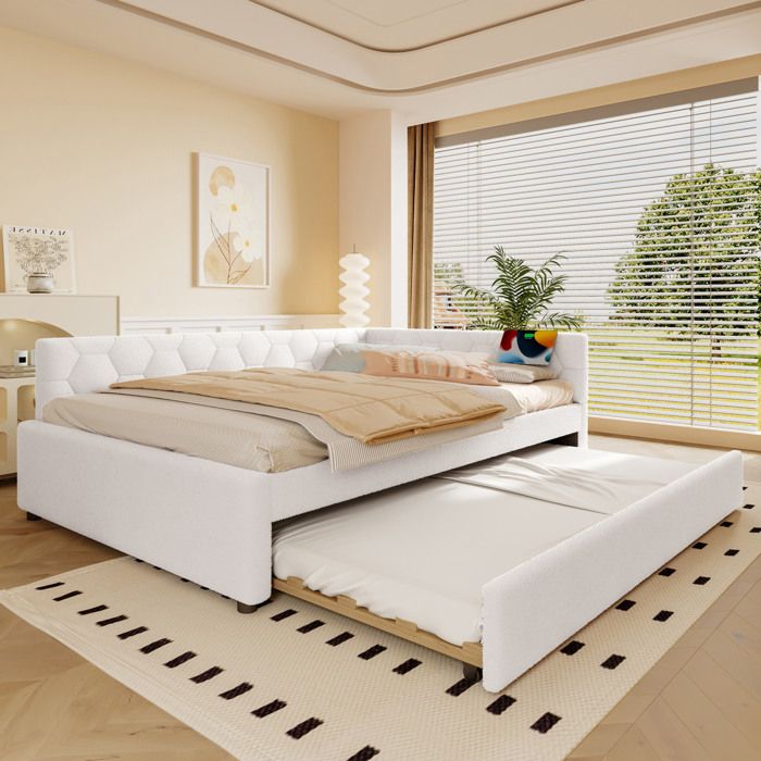 Lit banquette blanc 140×200 cm sommier inclus lit gigogne modulable USB et Type-C sans matelas