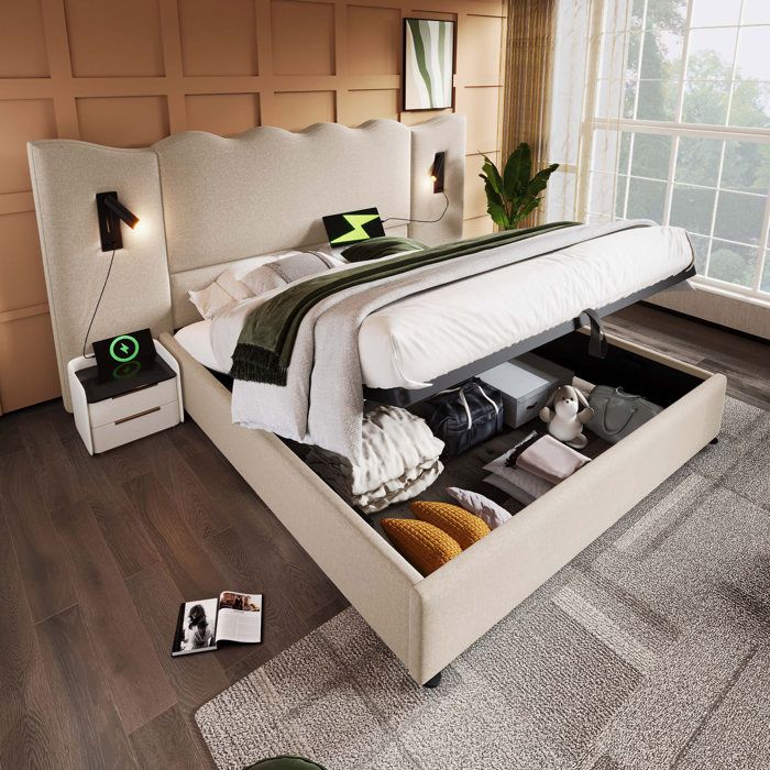 Lit coffre - KOMHTOM - 160x200 - Lin beige - Sommier à lattes bois massif - Lampe de lecture & USB-C