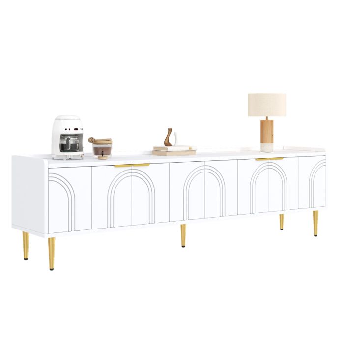 Meuble TV Blanc Design Sculptural avec Portes Texturées et Pieds Dorés Meuble de Salon Moderne 170x35x47 5 cm Rangement Flexible
