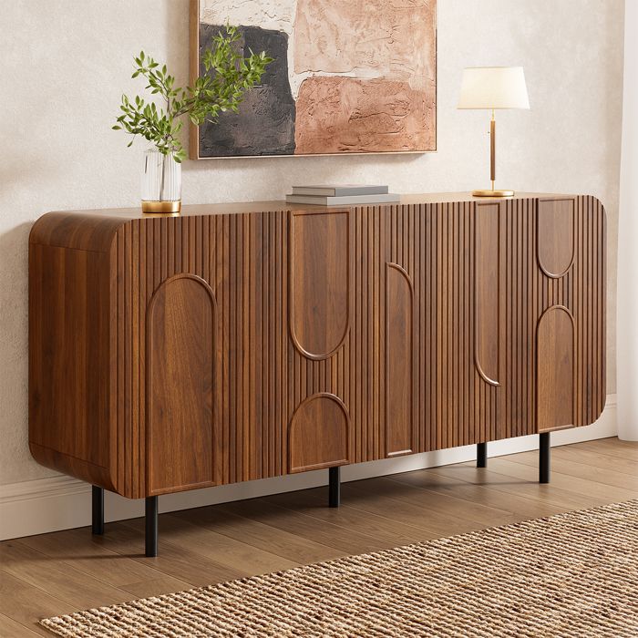 Buffet Enfilade Effet Noyer 160x40x79 cm Bahut Salon 4 Portes 8 Compartiments Étagères Réglables et Pieds métal - Style Vintage