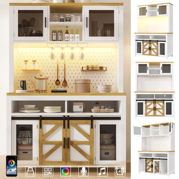 Buffet haut - HIBA - 120×40×174.5 cm - Éclairage LED multicolore - Port USB & multiprise - Portes coulissantes/battantes