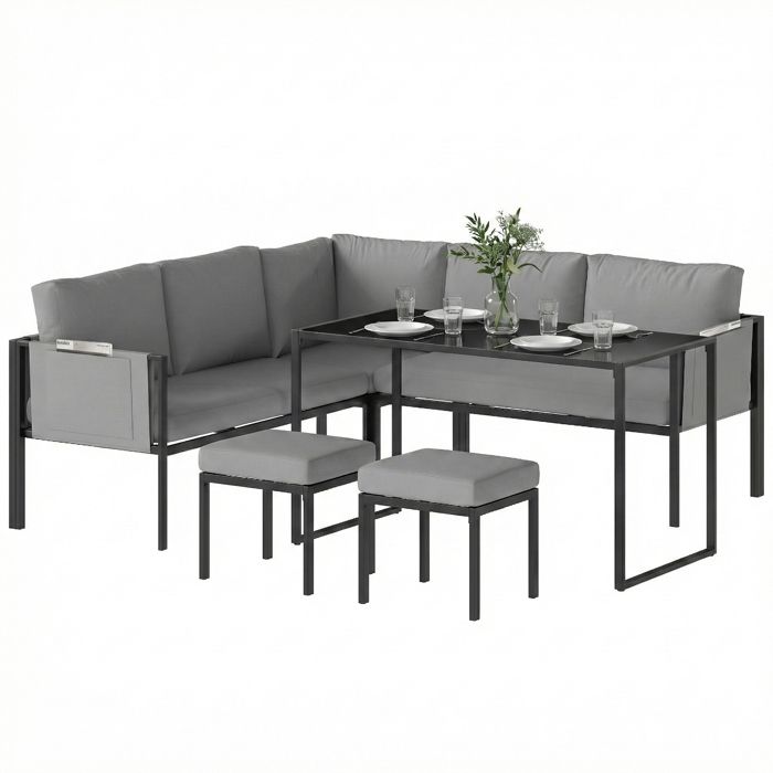 LIA Salon de Jardin Canapé dAngle Extérieur 6 Pièces Coussins 10cm Table Haute et 2 Repose-pieds Gris
