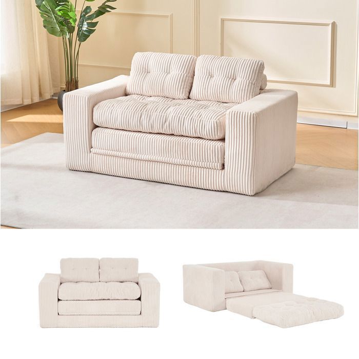 ELVORIN canapé lit 2 places beige tissu côtelé sans montage 2 en 1 pour petits espaces