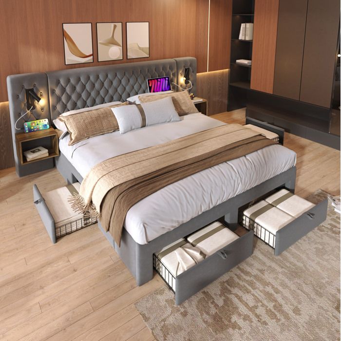 Lit double 180 x 200 cm en velours gris avec 2 chevets 4 tiroirs liseuses et ports USB Type-C sans matelas
