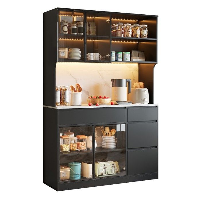 Buffet Haut 120x40x180cm Noir Blanc Marbre MDF Verre LED Rangement Cuisine Salle À Manger Salon Vitrine Polyvalent Buffet Haut 120x40x180cm Noir Blanc Marbre MDF Verre LED Rangement Cuisine Salle À Manger Salon Vitrine Polyvalent