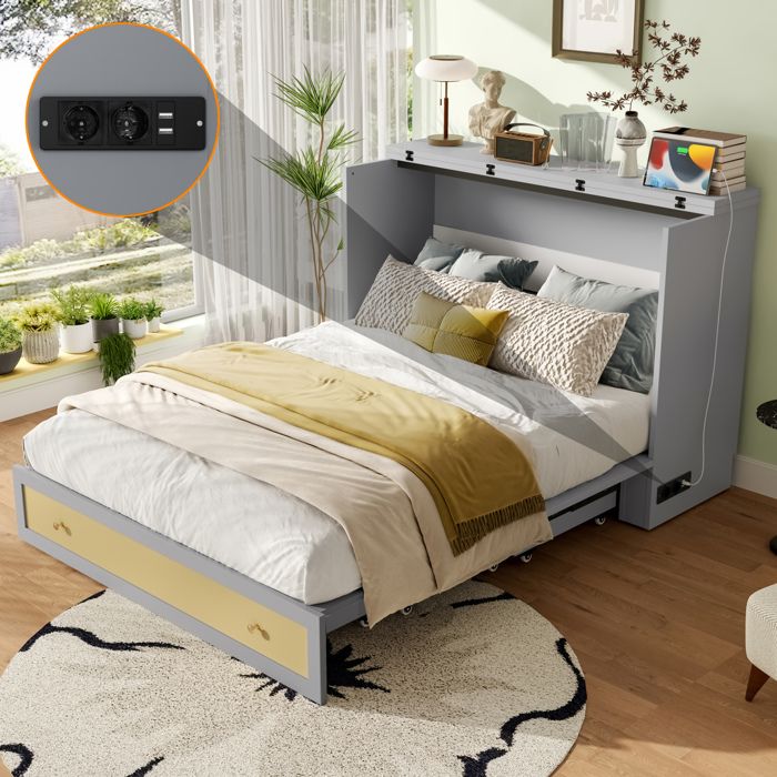 HOMVRA Lit escamotable 140 x 200 cm gris avec tiroir USB et prise transformable en armoire sans matelas