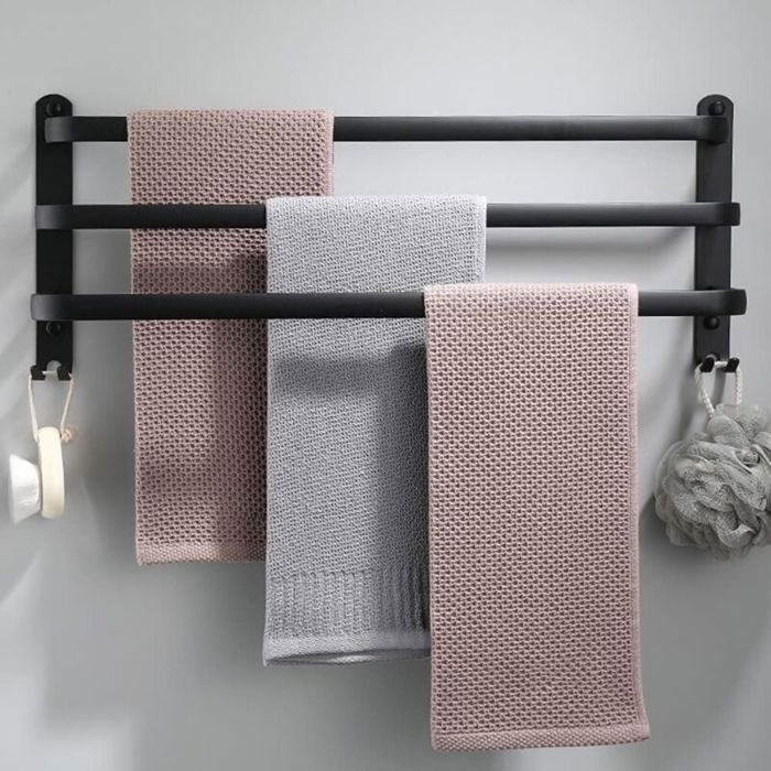 Porte-Serviettes Mural Aluminium Noir 50cm 3 Étages - Porte Serviette Salle de Bain Étanche avec Crochets Sans Perçage
