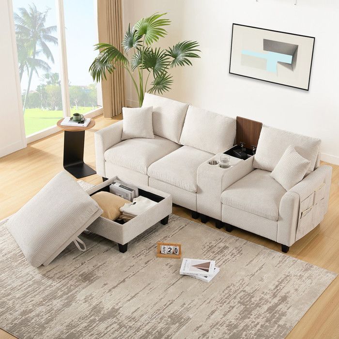 Canapé dangle réversible 3 places en L Canapé modulable en velours côtelé avec pouf de rangement porte-gobelets ports USB beige