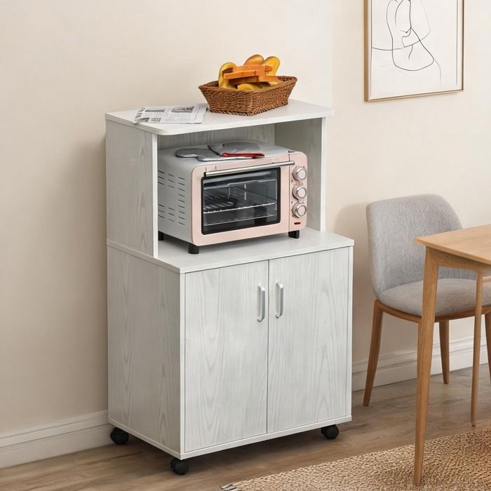 Chariot desserte blanc en panneaux de particules avec placard 2 portes et niche pour micro-ondes 604 x 403 x 97 cm