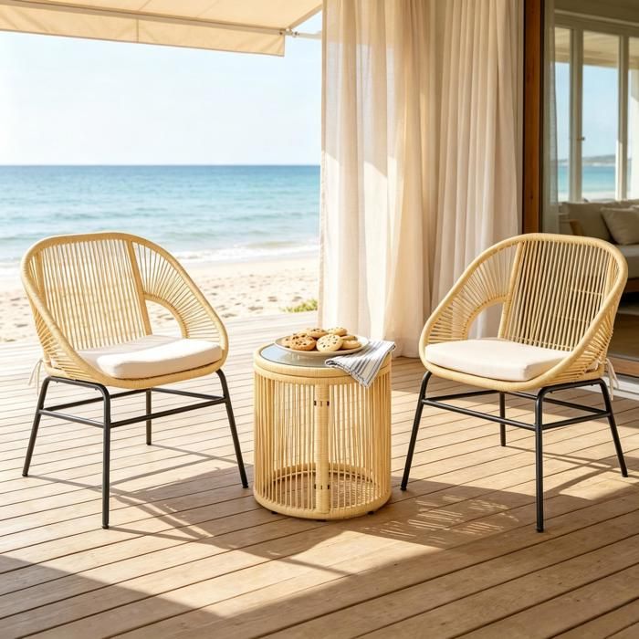 Table de jardin extérieur pour 2 personnes - Structure en acier - Table ronde de 45 cm de diamètre - 2 chaises - Teinte brun clair