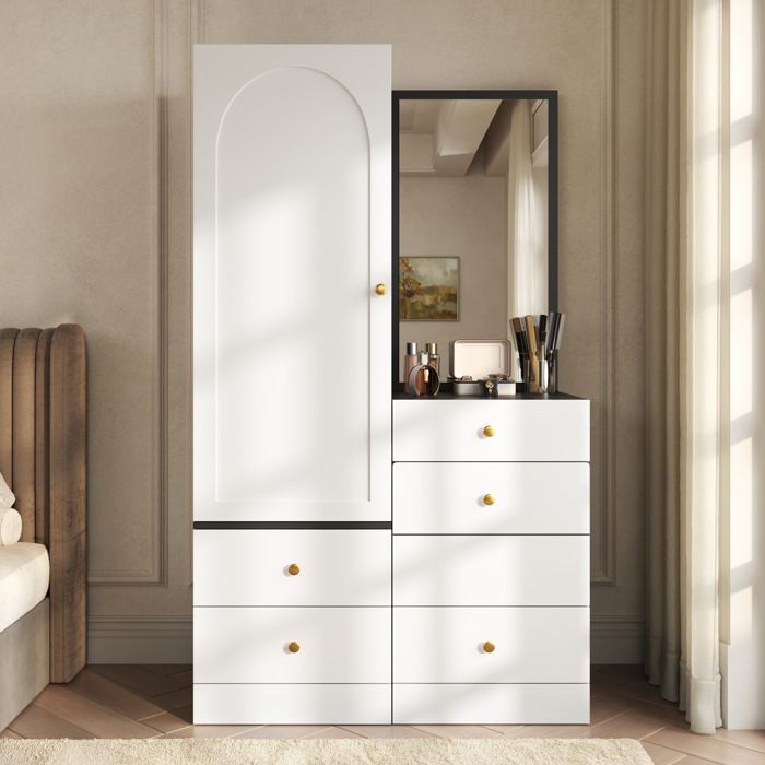 Meuble rangement chambre coiffeuse armoire miroir pleine longueur 90x505x160 cm MDF blanc noir VEVXYN