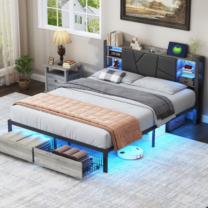 Bladez - Lit Double Industriel 140x200cm en Métal et Bois avec Tête de Lit Rembourrée Prises USB/Type-C LED et 2 Tiroirs - noir