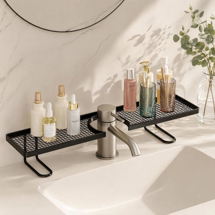 Support de rangement pour robinet de lavabo 50 cm étagère de salle de bain sans perçage acier carbone organisateur noir