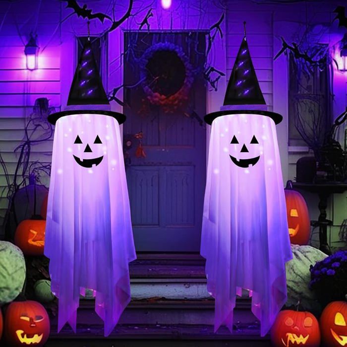 DJLLA Halloween Suspendu Fantôme Décoration 2 Pièces 1.35M Fantôme Lumière LED Peur Décorations Halloween Bnc et V LAMPE DECORATIVE