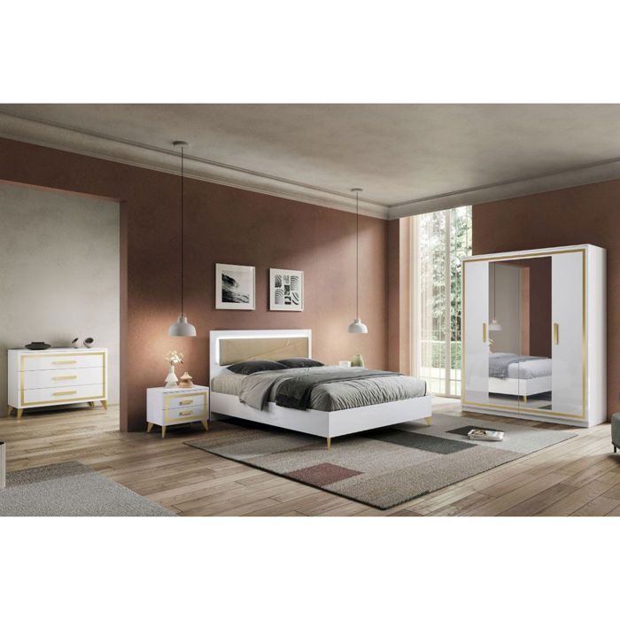 JEMMA - Chambre Complète 160x200cm Blanche et Décor Doré avec Leds JEMMA - Chambre Complète 160x200cm Blanche et Décor Doré avec Leds