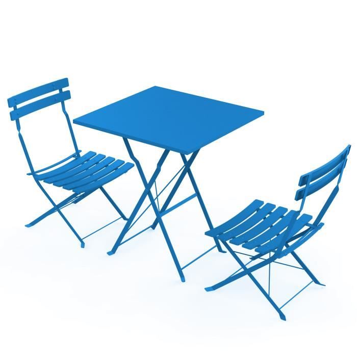 MaestroHa-Table carrée 55x55cm avec 2 chaises pliantes en acier Bleu - Petit kit de terrasse pour les cours, les balcons