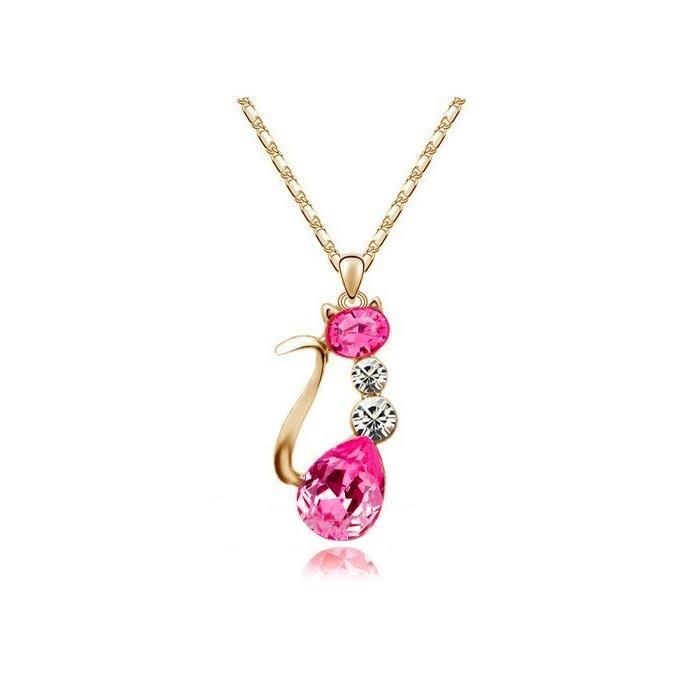 Collier w Swarovski cristal Pendentif ~Chat~ Kitty Cat STRASS argent Bijoux Neuf