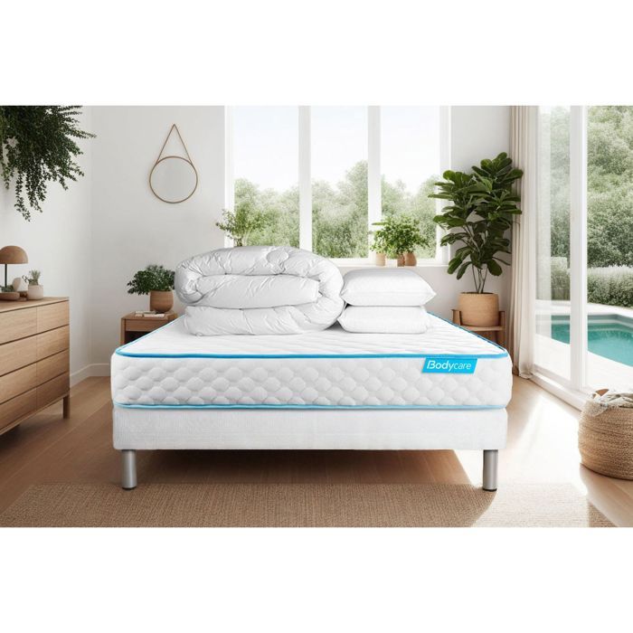 Ensemble sommier matelas 140x190 Bodyone Mousse HD micro alvéolé - 19 cm - Très ferme - sommier blanc + 2 oreillers + couette