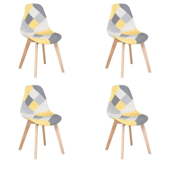 lot de 4 chaises patchwork- jaune - pieds en hêtre