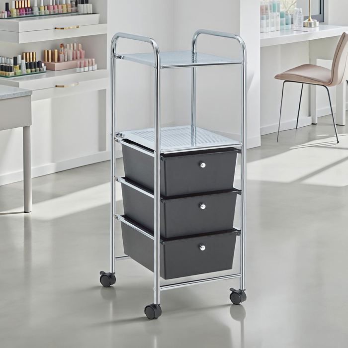 Caisson sur roulettes GINA chariot avec 3 tiroirs en plastique noir et 2 étagères meuble de rangement pour salle de bain en métal Caisson sur roulettes GINA chariot avec 3 tiroirs en plastique noir et 2 étagères meuble de rangement pour salle de bain en métal