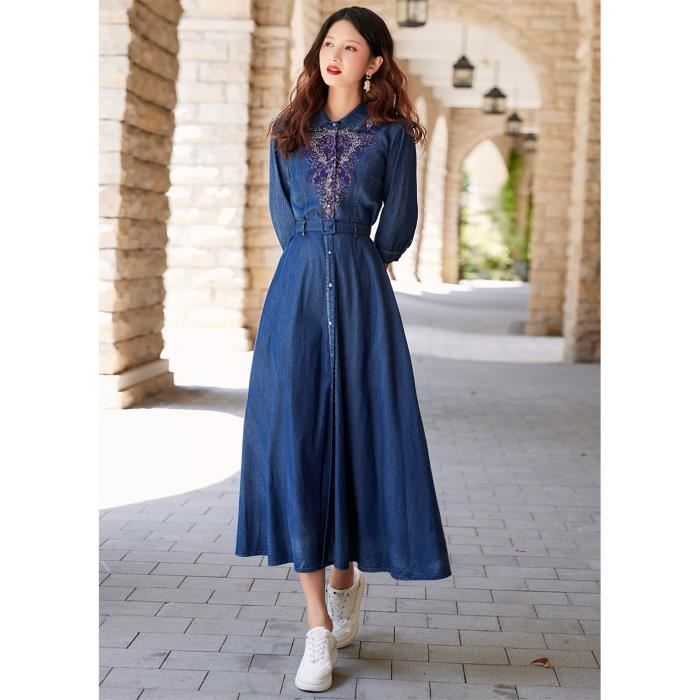 Robe longue en jean pour femme demi manche avec broderie et