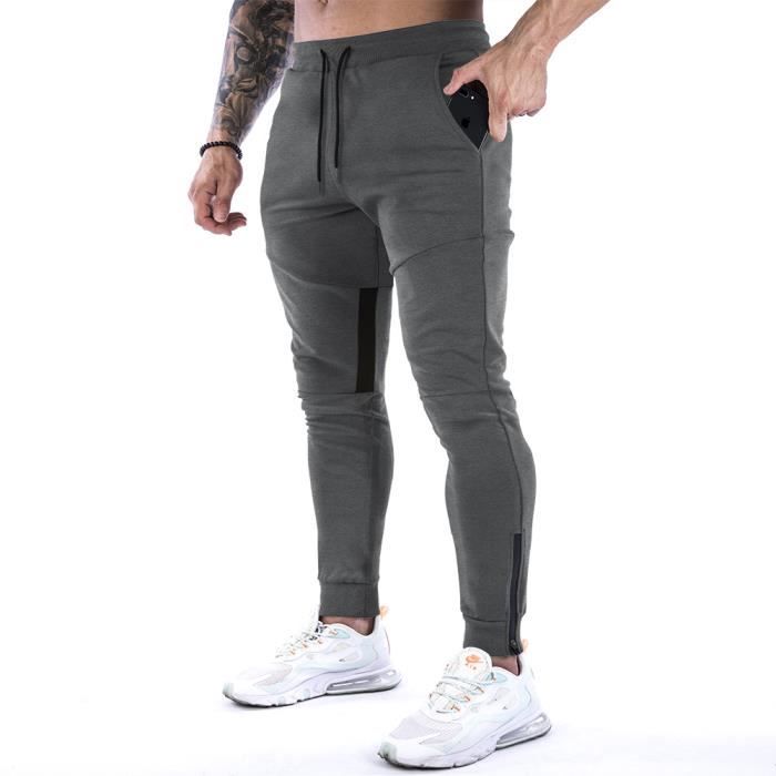 Pantalon de Fitness Jogging Homme en Coton Slim avec Poches Zippées - Gris  Respirant pour Running et Gym