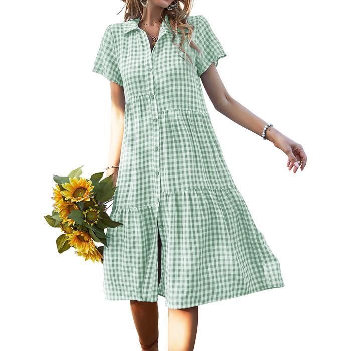 Amzbarley Robe d'Été Robe à Carreaux Verts à Revers à Porter Tous Les ...