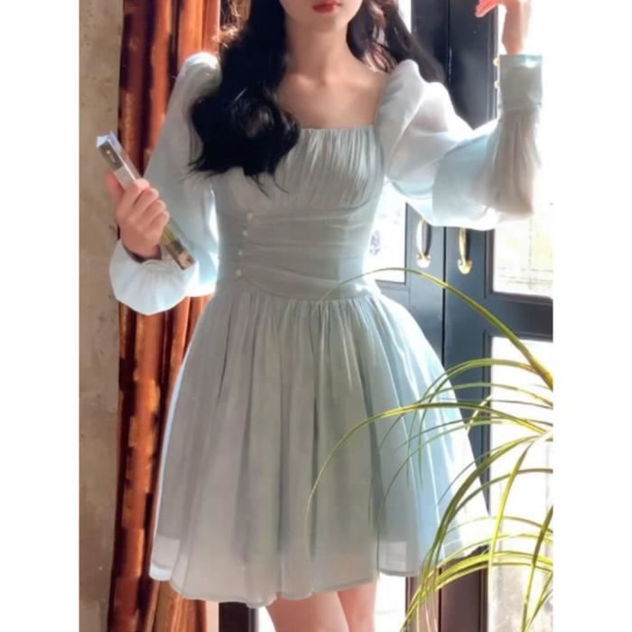 Robe,Robe De soirée en mousseline De soie bleu, élégante, col carré ...