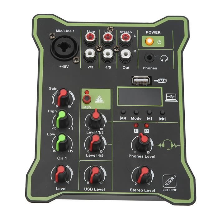 Table De Mixage Micro 4 Canaux HUIOP - Réglage Bass/Treble + Réverbération | Entrées 6.35mm, Sortie RCA/USB | Alimentation 5V - Noir
