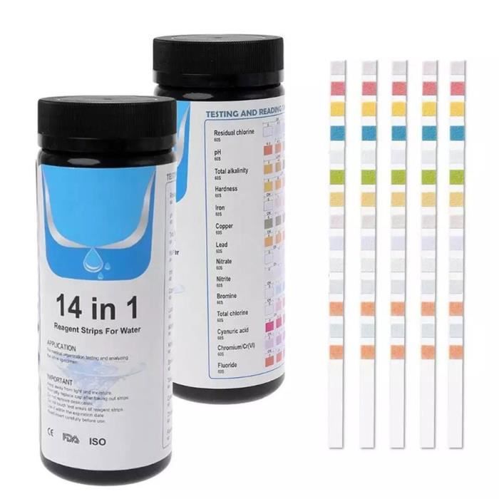 Kit De Test D'eau 16 En 1 Pitasha - 50 Bandelettes Pour Analyser PH, Chlore, Nitrites, Plomb, Etc. - Piscine Et Eau Potable - 6