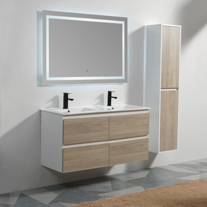 Meuble de salle de bain double vasque suspendu Scandinave - MDF 19 mm - Blanc et Chêne Gris - 120x46 cm