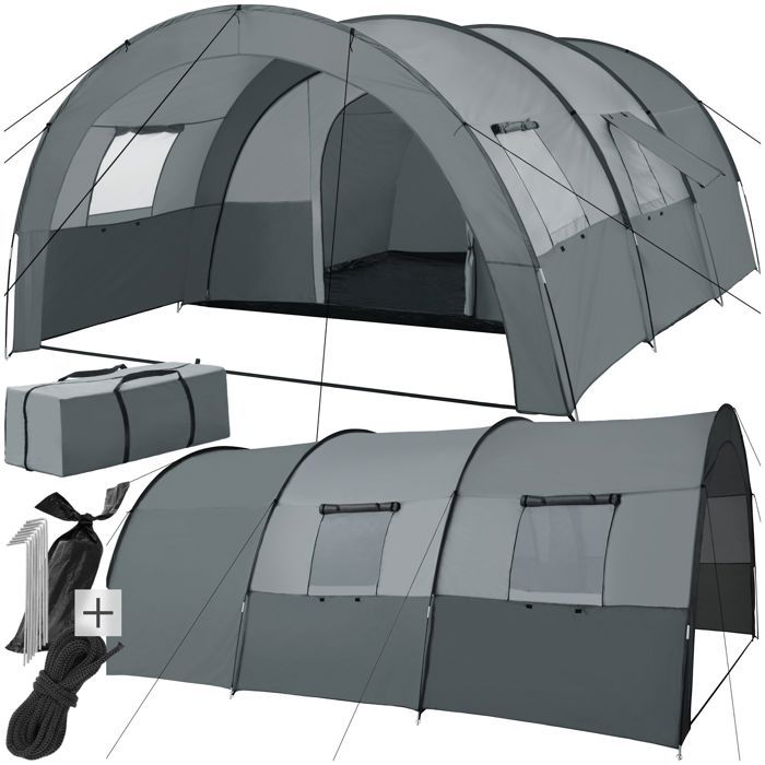 Tente de camping - TECTAKE - Tente familiale polyester 6 personnes avec auvent bâche et sac 350 x 480 x 195 cm - Gris clair/foncé