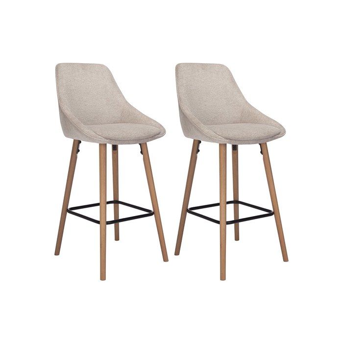 Lot de 2 tabourets de bar en tissu texturé et hêtre - Beige - MASURIE Lot de 2 tabourets de bar en tissu texturé et hêtre - Beige - MASURIE