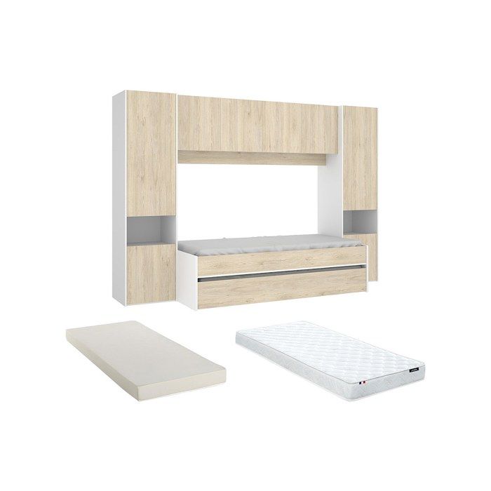 Lit gigogne avec pont de lit SELENA - 90 x 190 cm - Coloris : chêne et blanc + matelas Lit gigogne avec pont de lit SELENA - 90 x 190 cm - Coloris : chêne et blanc + matelas