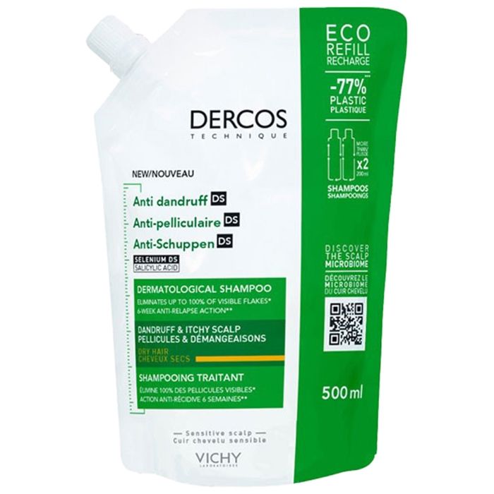 Comparer les prix de Vichy Dercos Shampoing Traitant Antipelliculaire Cheveux Secs Cuir Chevelu Sensible Éco-Recharge 500 ml