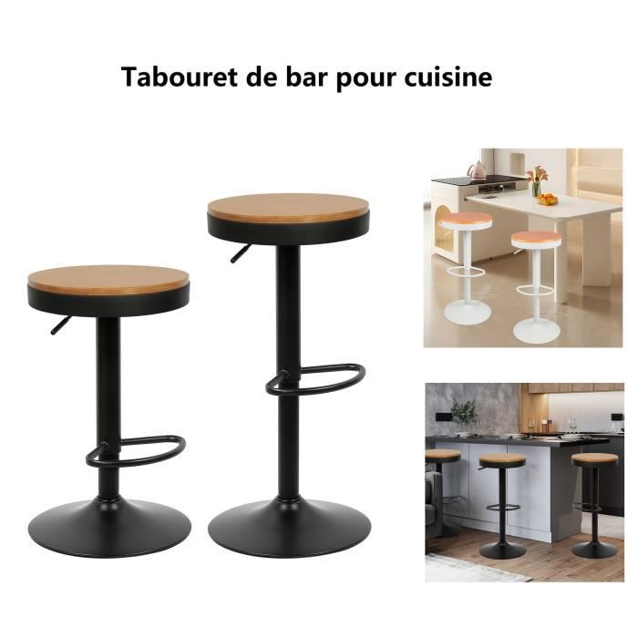 2 X Tabouret de bar pour salle à manger Willonin® Chaise avec siège rond en métal et bois MDF Hauteur réglable et Pivotant Noir