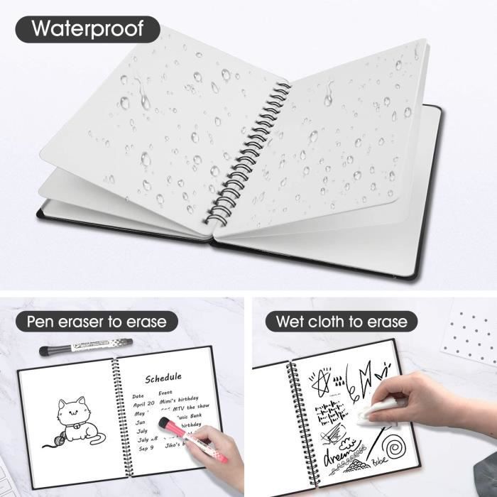 Carnet Tableau Blanc Portable A5 – 24x16,5 Cm – Effaçable Réutilisable – Inclus 3 Stylos, éponge Et Chiffon – Idéal Notes, Listes, Mémos