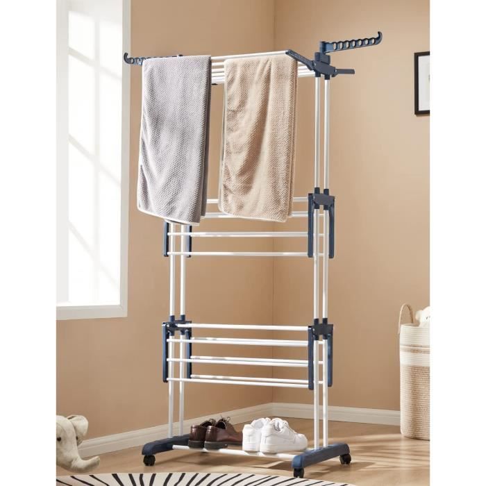 Étendoir à Linge 3 Niveaux Sur Roues - Grande Capacité, Pliable, 170 X 64 X 126 Cm (Noir) - 8