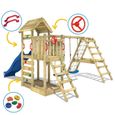 WICKEY Aire de jeux Portique bois RocketFlyer avec balançoire et toboggan bleu Maison enfant extérieure avec bac à sable-2