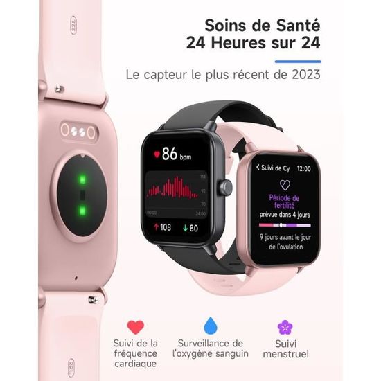 Montre Connectée Femme TOOBUR 1,83" Avec Alexa - Podomètre, 100 Sports, Appels, Cardio - Étanche IP68 - Compatible IOS/Android - 8